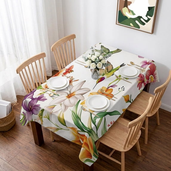 Spring Floral Hummingbird Table Cloth Waterproof Tablecloths, Pastoral Rustic Botanical Flowers Tablecloth Dining Table Cover for Kitchen Party Tabletop Outdoor, Rectangle Tablecloth 52x70 Inch