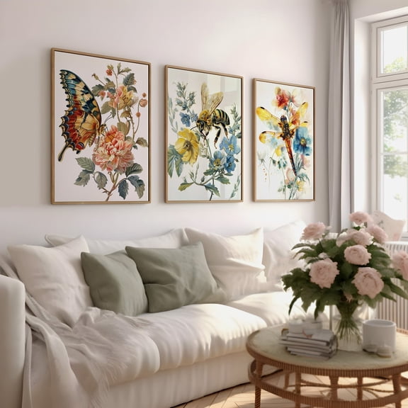 Spring Floral Inserts Print Bee Butterfly Dragonfly Farmhouse Wall Decor Housewarming Botanical Set 3 Stretched Canvas 12x18