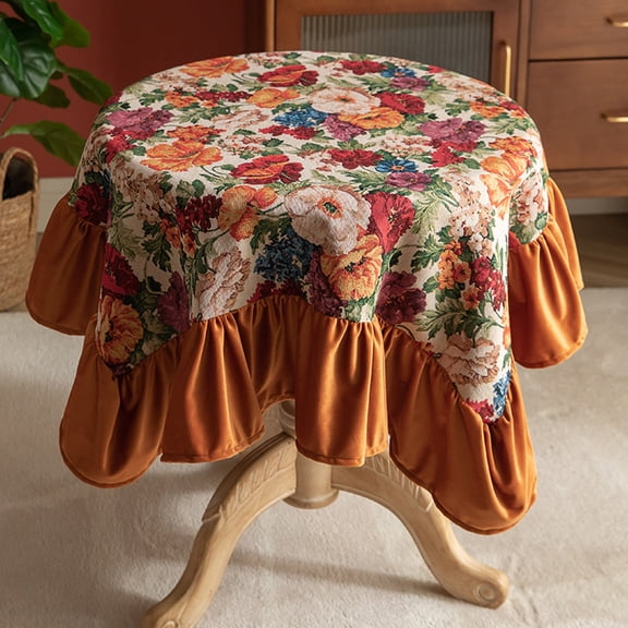 Spring Floral Jacquard Small Square Tablecloth Luxury Velvet Ruffled Bedside Table Cover for Room Tabletop Decoration 47"
