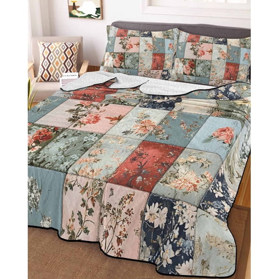 Spring Floral King Size Down Alternative Comforter, Lightweight Comforter Quilt Bedding Set with Pillow Shams Elegant Summer Botanical Farmhouse Plaid All Seasons Bed Comforter Duvet Insert 96"x106"