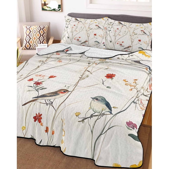 Spring Floral King Size Down Alternative Comforter, Lightweight Comforter Quilt Bedding Set with Pillow Shams Summer Birds Botanical Country All Seasons Bed Comforter Duvet Insert 96"x106"