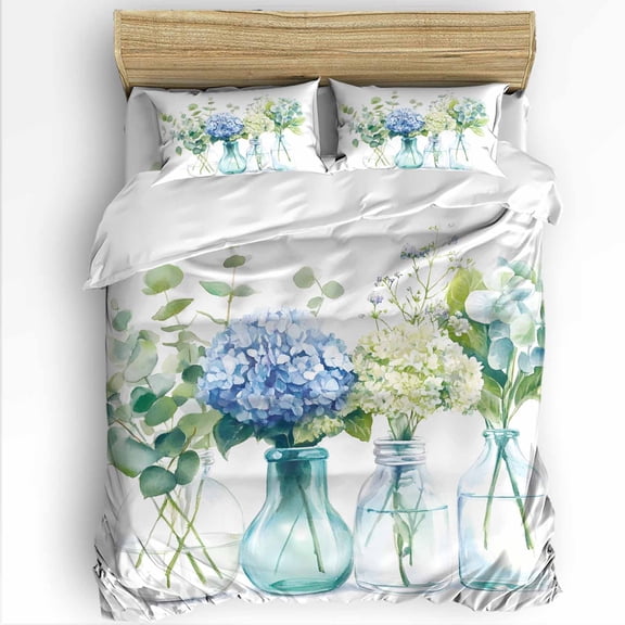 Spring Floral King Size Comforter Set, Blue Hydrangea Flower Leaves Plant Bottle Soft Bedding for All Seasons, 4 Pcs Bed Set with 1Comforter (90"x106") ,1 Sheet(94"x116"), 2 Pillowcases (19"x35")