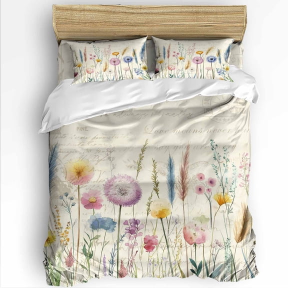 Spring Floral King Size Comforter Set, Purple Dandelion Flower Letter Vintage Soft Bedding for All Seasons, 4 Pcs Bed Set with 1Comforter (90"x106") ,1 Sheet(94"x116"), 2 Pillowcases (19"x35")