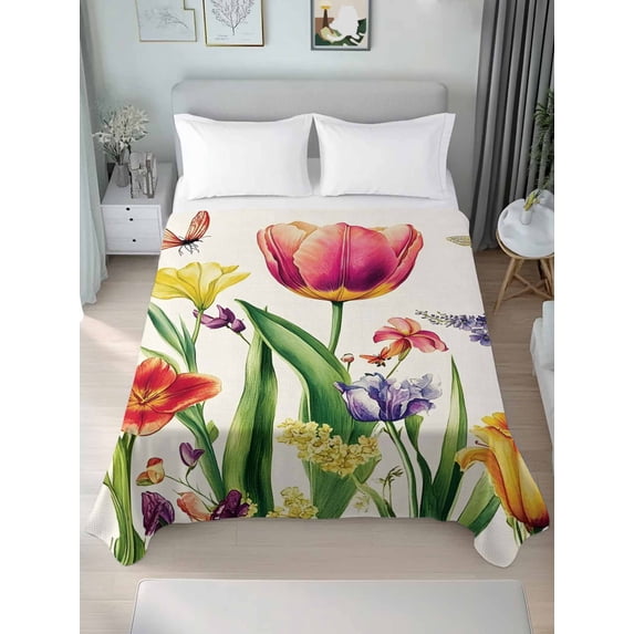 Spring Floral King Size Flat Sheet, Wrinkleproof & Fadeproof Cooling Flat Bed Sheet Only, Rustic Tulip Butterfly Botanical Summer Breathable Soft Bedding Top Sheets 105 x 98 Inches