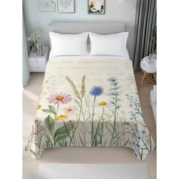 Spring Floral King Size Flat Sheet, Wrinkleproof & Fadeproof Cooling Flat Bed Sheet Only, Summer Flower Botanical Farmhouse Breathable Soft Bedding Top Sheets 105 x 98 Inches