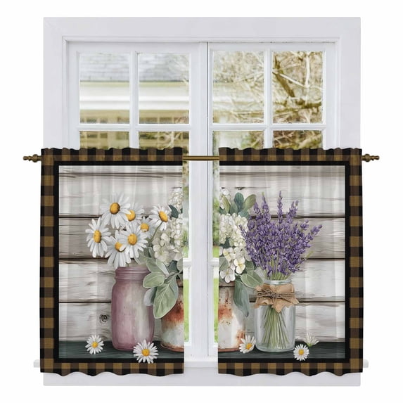 Spring Floral Kitchen Curtain for Berdoom Living Room Cafe 45 Inch Length, Pastoral Bottle Flowers Wood Brown Plaid Tiers Curtains Light Filtering Drapes Window Treatment 2 Panels 52"Wx45"L