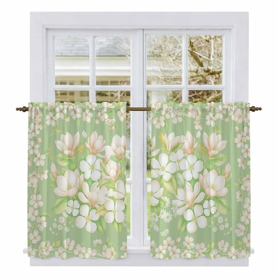 Spring Floral Kitchen Curtain for Berdoom Living Room Cafe 54 Inch Length, Watercolor Orchid Flowers Leaves Botanical Green Tiers Curtains Light Filtering Drapes Window Treatment 2 Panels 52"Wx54"L