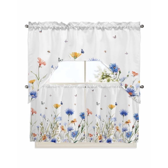 Spring Floral Kitchen Curtain and Valance Set 3 Pieces, Rod Pocket Short Tier Curtains 24 Inch Length, Elegant Butterfly Summer Botanical Swag Topper Small Window Treatment for Cafe Bathroom Bedroom