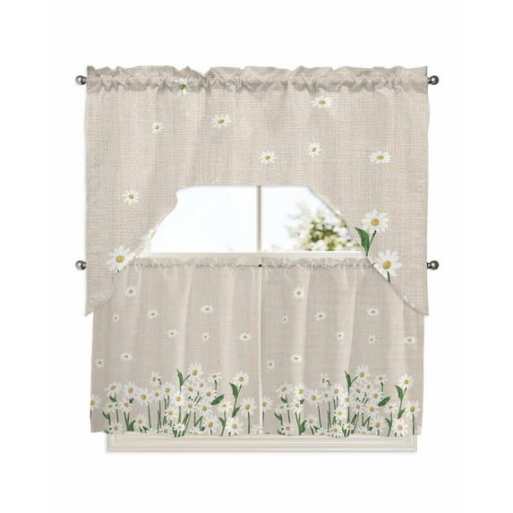 Spring Floral Kitchen Curtain and Valance Set 3 Pieces,Rod Pocket Short Tier Curtains 24 Inch Length,White Daisy Farmhouse Linen Texture Swag Topper Small Window Treatment for Cafe Bathroom Bedroom