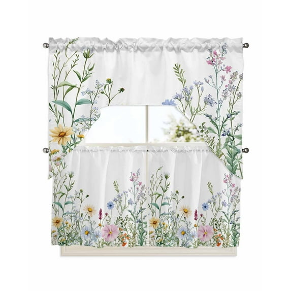 Spring Floral Kitchen Curtain and Valance Set 3 Pieces, Rod Pocket Short Tier Curtains 24 Inch Length, Wildflowers Herbs Summer Botanical Swag Topper Small Window Treatment for Cafe Bathroom Bedroom
