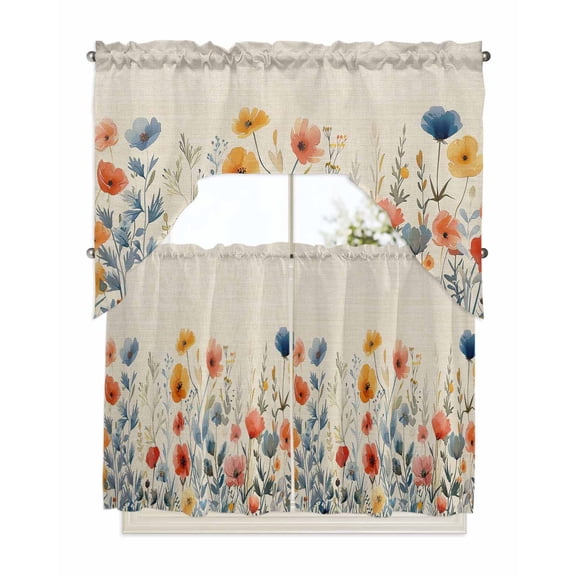 Spring Floral Kitchen Curtain and Valance Set 3 Pieces,Rod Pocket Short Tier Curtains 36 Inch Length,Watercolor Elegant Summer Botanical Rustic Swag Topper Small Window Treatment for Cafe Bathroom