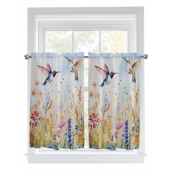 Spring Floral Kitchen Curtains 45 Inches length, Pastoral Rustic Hummingbird Botanical Window Treatment Curtain Drapes, Lightweight Window Panels for Living Room Bedroom, 52"x45", 2 Panels