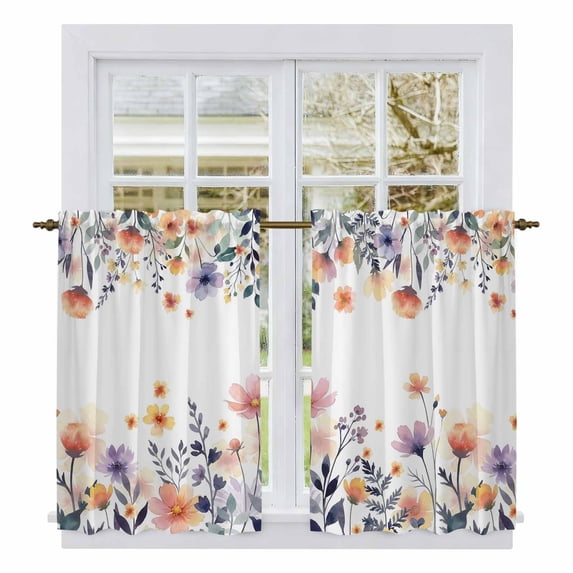Spring Floral Kitchen Curtains 54 Inch Length, Elegant Flowers Farmhouse Botanical Tiers Curtains for Bathroom Bedroom Cafe, Light Filtering Small Window Treatment Short Drapes 2 Panels 42"Wx54"L
