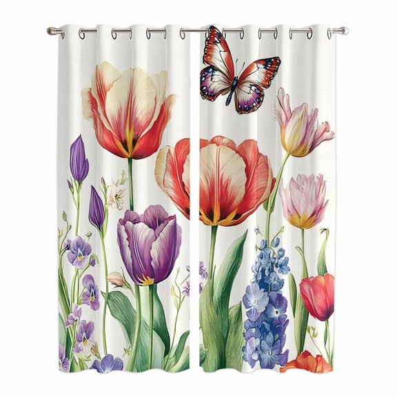 Spring Floral Kitchen Curtains 84 Inch Length, Butterfly Flowers Summer Tulip Botanical Grommet Top Bedroom Living Room Curtains, Light Filtering Cafe Curtain Drapes 2 Panels Set 84''x84''