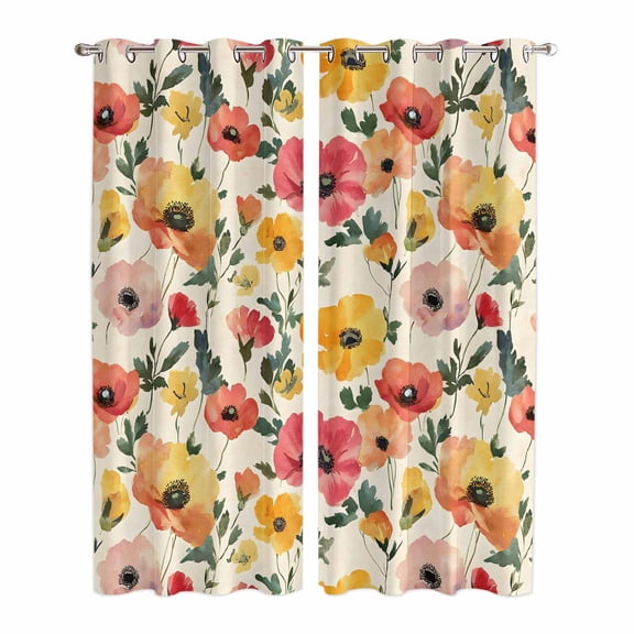 Spring Floral Kitchen Curtains 84 Inch Length, Colorful Botanical Flowers Summer Grommet Top Bedroom Living Room Curtains, Light Filtering Cafe Curtain Drapes 2 Panels Set 84''x84''