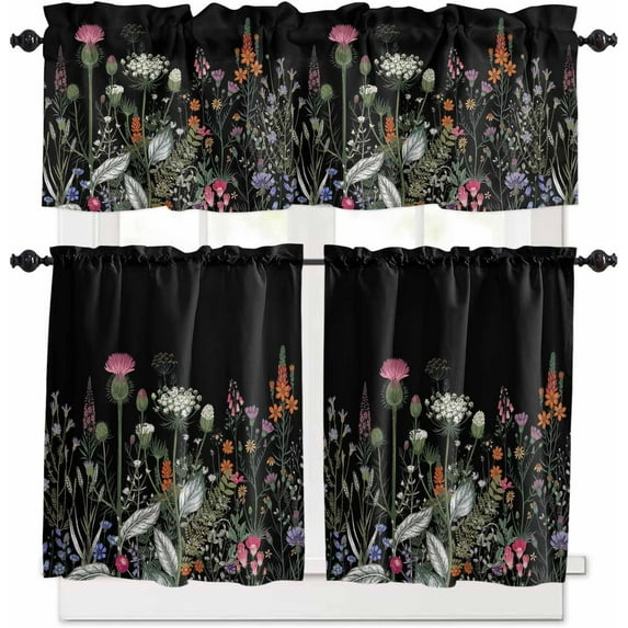 Spring Floral Kitchen Curtains, Gray Plaid Farmhouse Flowers Watercolor 3-Piece Kitchen Curtain Valance and Tiers Set 36 Inch Length, Rod Pocket Half Window Curtains for Cafe Living Room Bathroom