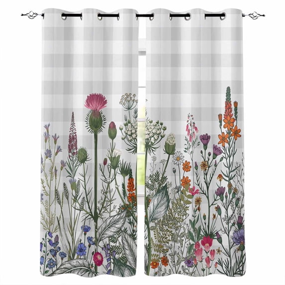 Spring Floral Kitchen Curtains Gray Plaid Farmhouse Flowers Watercolor Cafe Short Curtains for Bathroom Blackout Window Curtain Grommet Small Window Treatment Drapes for Bedroom Living Room 52"x45"x2