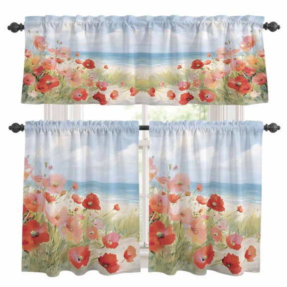 Spring Floral Kitchen Curtains Set for Windows, Poppy Grass Sky Seaside Nature Landscape Curtains Valance and Tier 3 Piece Set Small Drapes 24 Inch Length for Kitchen Bedroom Decor