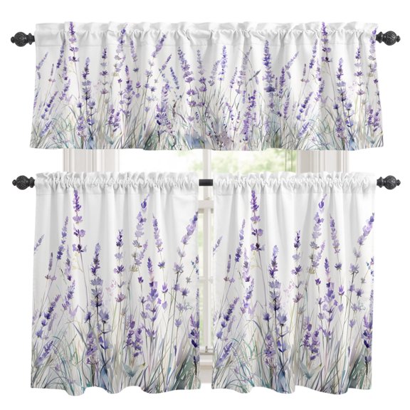 Spring Floral Kitchen Curtains Set for Windows, Vintage Purple Lavender Plant Curtains Valance and Tier 3 Piece Set Small Drapes 24 Inch Length for Kitchen Bedroom Decor