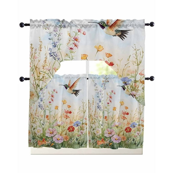 Spring Floral Kitchen Curtains Sets 24 Inch Length with Valance, Hummingbird Summer Botanical Watercolor Swag Valances and Tiers Curtain Set Drapes Swag Curtains for Living Room, Bathroom, Bedroom
