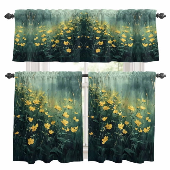 Spring Floral Kitchen Curtains Sets for Windows 24 Inch Length, Green Botanical Modern Oil Painting Yellow Rod Pocket Window Treatments Tier Curtains and Valances Set for Bedroom/Bathroom