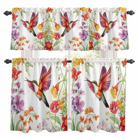 Spring Floral Kitchen Curtains Sets for Windows 24 Inch Length, Summer Botanical Retro Colorful Birds Rod Pocket Window Treatments Tier Curtains and Valances Set for Bedroom/Bathroom
