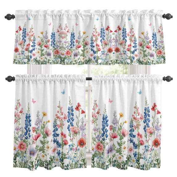 Spring Floral Kitchen Curtains Sets for Windows 24 Inch Length, Summer Butterfly Botanical Colorful Rod Pocket Window Treatments Tier Curtains and Valances Set for Bedroom/Bathroom