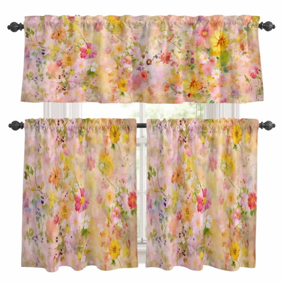 Spring Floral Kitchen Curtains Sets for Windows 24 Inch Length, Watercolor Elegant Summer Flowers Botanical Rod Pocket Window Treatments Tier Curtains and Valances Set for Bedroom/Bathroom