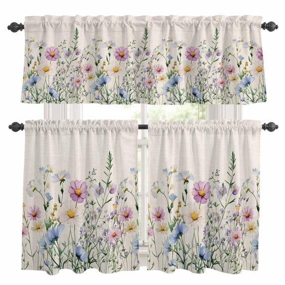 Spring Floral Kitchen Curtains Sets for Windows 24 Inch Length, Watercolor Herbs Summer Botanical Rustic Rod Pocket Window Treatments Tier Curtains and Valances Set for Bedroom/Bathroom