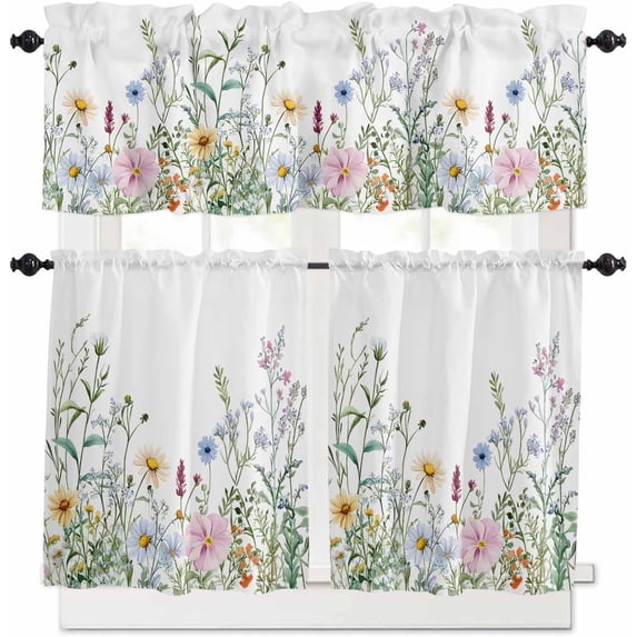 Spring Floral Kitchen Curtains Sets for Windows 24 Inch Length, Wildflowers Herbs Summer Botanical Rod Pocket Window Treatments Tier Curtains and Valances Set for Bedroom/Bathroom