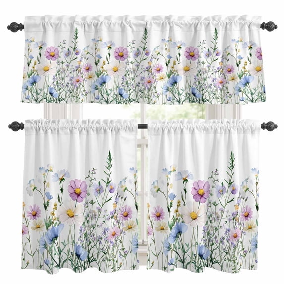 Spring Floral Kitchen Curtains Sets for Windows 36 Inch Length, Country Spring Floral Botanical Rod Pocket Window Treatments Tier Curtains and Valances Set for Bedroom/Bathroom
