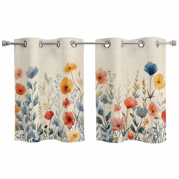 Spring Floral Kitchen Curtains Small Short 39 Inch Length, Watercolor Elegant Summer Botanical Rustic Grommet Bedroom Living Room Curtains, Light Filtering Cafe Curtain Drapes 2 Panels Set 55''x39''