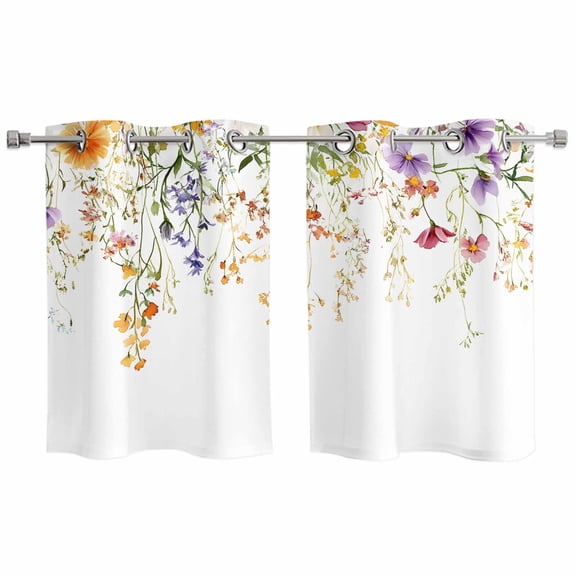 Spring Floral Kitchen Curtains Small Short 39 Inch Length, Watercolor Leaves Wildflower Pastoral Grommet Top Bedroom Living Room Curtains, Light Filtering Cafe Curtain Drapes 2 Panels Set 55''x39''