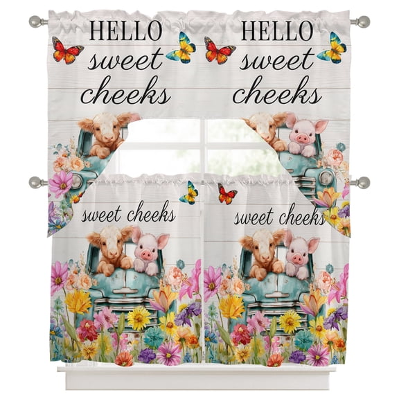 Spring Floral Kitchen Curtains Swag Valance and Tier Curtains Set 24 Inch Length, Retro Farmhouse Animals Flowers Butterfly Cream Rod Pocket Drape Panels Pair Swag Curtains for Bathroom/Cafe/Window