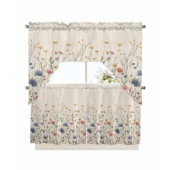 Spring Floral Kitchen Curtains Swag Valance and Tier Curtains Set 24 Inch Length, Watercolor Rustic Summer Botanical Rod Pocket Drape Panels Pair Swag Curtains for Bathroom/Cafe/Window