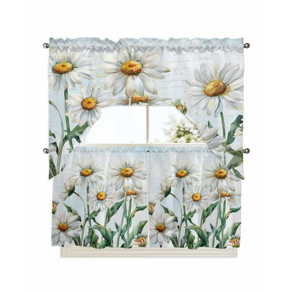 Spring Floral Kitchen Curtains Swag Valance and Tier Curtains Set 24 Inch Length, Watercolor Summer Botanical White Daisy Rod Pocket Drape Panels Pair Swag Curtains for Bathroom/Cafe/Window