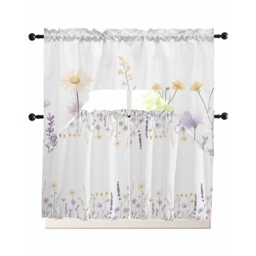 Lace Embroidered Kitchen Curtain Set, Floral, Rod Pocket, 60x36 + 30x36, Multicolor