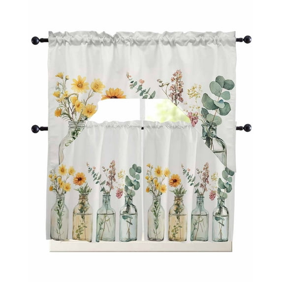Spring Floral Kitchen Curtains Swag Valance and Tier Curtains Set 36 Inch Length, Summer Botanical Watercolor Flowers Rod Pocket Drape Panels Pair Swag Curtain for Bathroom/Cafe/Window