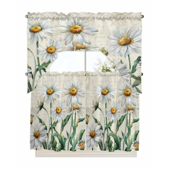Spring Floral Kitchen Curtains Swag Valance and Tier Curtains Set 36 Inch Length, Vintage Summer Botanical White Daisy Rod Pocket Drape Panels Pair Swag Curtains for Bathroom/Cafe/Window