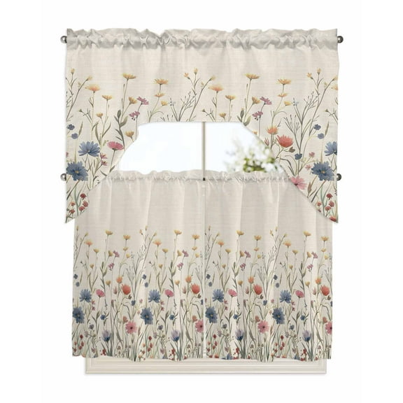 Spring Floral Kitchen Curtains Swag Valance and Tier Curtains Set 36 Inch Length, Watercolor Rustic Summer Botanical Rod Pocket Drape Panels Pair Swag Curtains for Bathroom/Cafe/Window