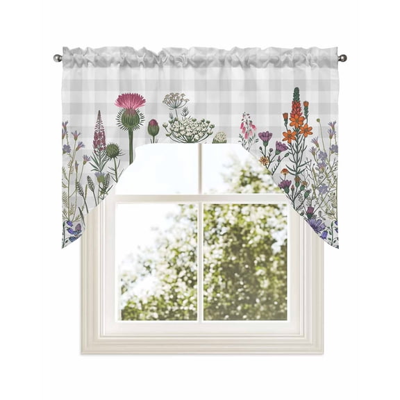 Spring Floral Kitchen Curtains Swag Valance for Windows/Bathroom/Cafe, Gray Plaid Farmhouse Flowers Watercolor Rod Pocket Drape Panel Swag Curtains Valance for Bedroom/Living Room 56"x36"
