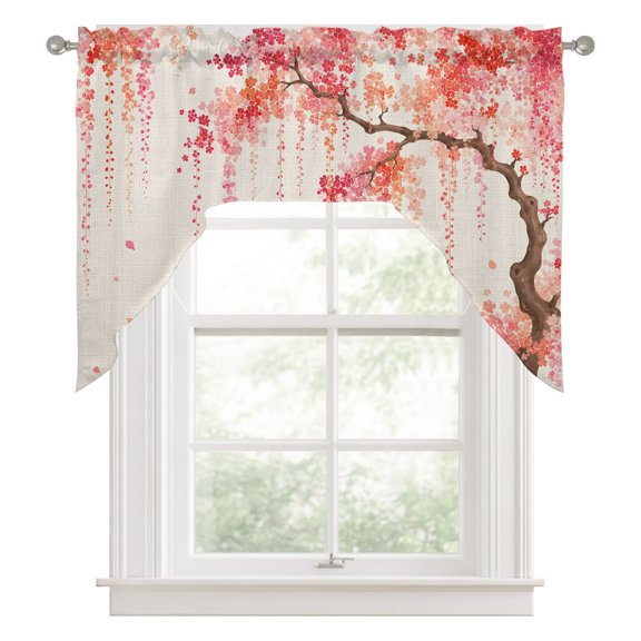 Spring Floral Kitchen Curtains Swag Valance for Windows/Bathroom/Cafe, Pink Weeping Cherry Blossom Branches Beige Rod Pocket Drape Panel Swag Curtains Valance for Bedroom/Living Room 56"x36"