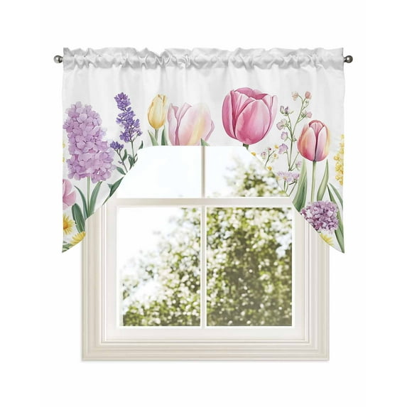 Spring Floral Kitchen Curtains Swag Valance for Windows/Bathroom/Cafe, Summer Botanical Pink Wildflower Rod Pocket Drape Panel Swag Curtains Valance for Bedroom/Living Room 56"x36"