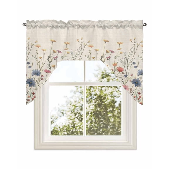 Spring Floral Kitchen Curtains Swag Valance for Windows/Bathroom/Cafe, Watercolor Rustic Summer Botanical Rod Pocket Drape Panel Swag Curtains Valance for Bedroom/Living Room 56"x36"