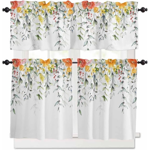 Spring Floral Kitchen Curtains and Valance Set, Summer Botanical Cafe Curtains Rod Pocket Windows Curtains for Living Room Bedroom Eucalyptus Leaves Valance and Tier Curtains 24 Inch Length