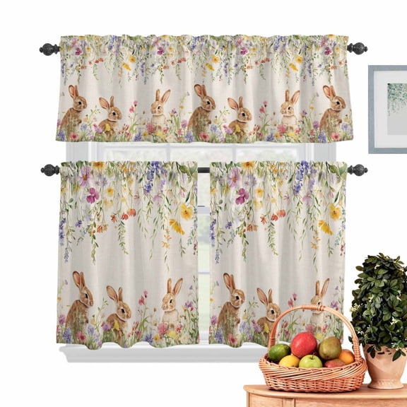 Spring Floral Kitchen Curtains Valances 3 Piece Set, Easter Bunny Rabbits Wildflowers Leaves Linen Rod Pocket Tier Curtain and Valance Drapes for Small Window 36 Inch Length for Bedroom Cafe