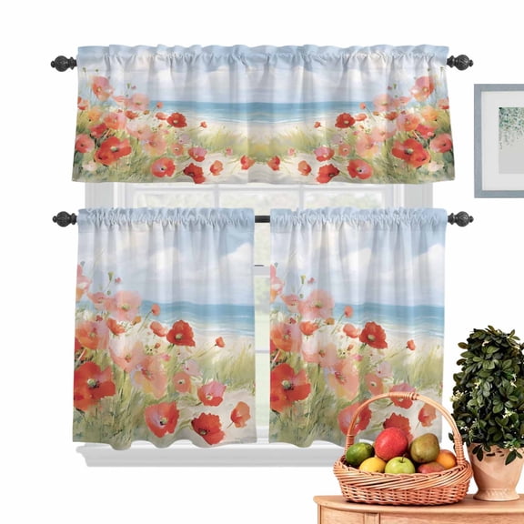 Spring Floral Kitchen Curtains Valances 3 Piece Set, Poppy Grass Sky Seaside Nature Landscape Rod Pocket Tier Curtain and Valance Drapes for Small Window 24 Inch Length for Bedroom Cafe
