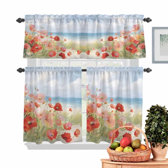 Spring Floral Kitchen Curtains Valances 3 Piece Set, Poppy Grass Sky Seaside Nature Landscape Rod Pocket Tier Curtain and Valance Drapes for Small Window 36 Inch Length for Bedroom Cafe