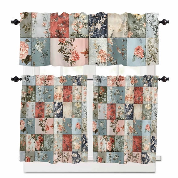 Spring Floral Kitchen Curtains Valances and Tiers Set of 3 Patchwork Style Flower Pattern Tier Curtains and Valance for Kitchen Bathroom Small Windows 27.5"W x 24"L (Pack of 3)