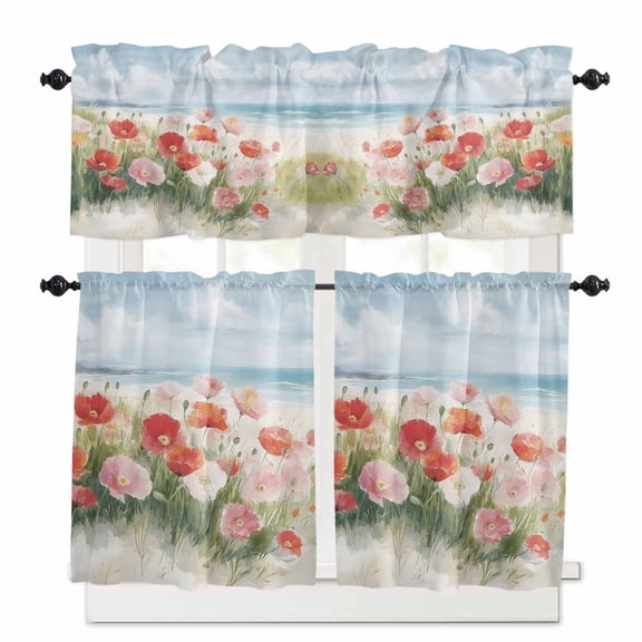 Spring Floral Kitchen Curtains Valances and Tiers Set of 3 Poppy Field Sky Beach Watercolor Landscape Tier Curtains and Valance for Kitchen Bathroom Small Windows 27.5"W x 24"L (Pack of 3)